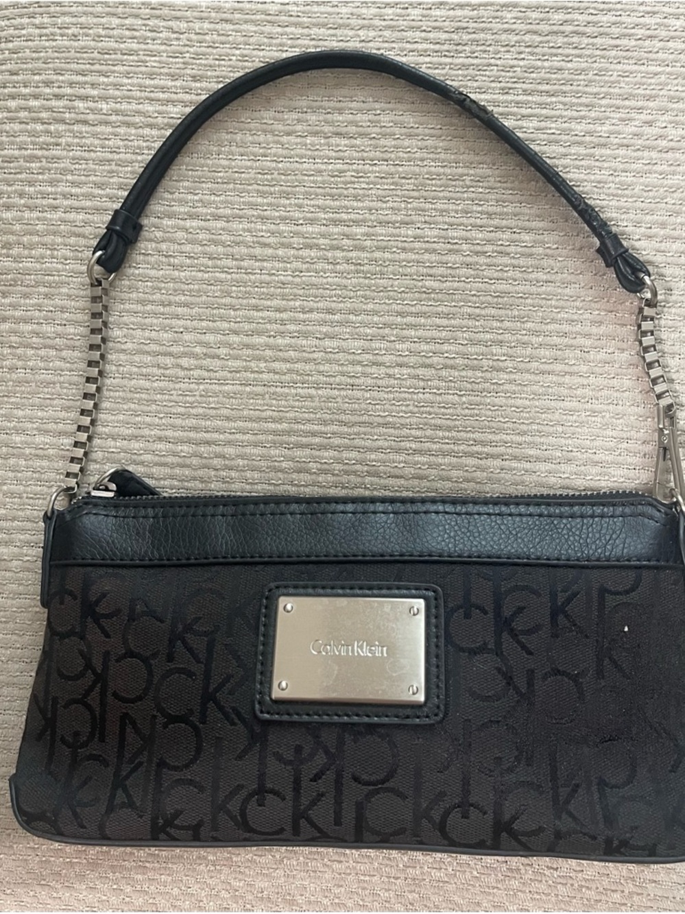 Calvin Klein Black Monogram Shoulder Bag with Silver Plate